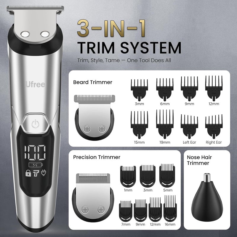 UFREE 3-in-1 Beard Trimmer Kit, Men's Electric Shaver Razor for Mustache Body Nose Facial Hair, Professional Hair Trimmer, Rechargeable Clippers, Waterproof Beard Grooming, Birthday Gifts for Men - Image 4